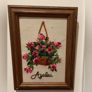 Vintage framed crewel Azalea Handmade Needlepoint Needlework Jiffy Stitchery